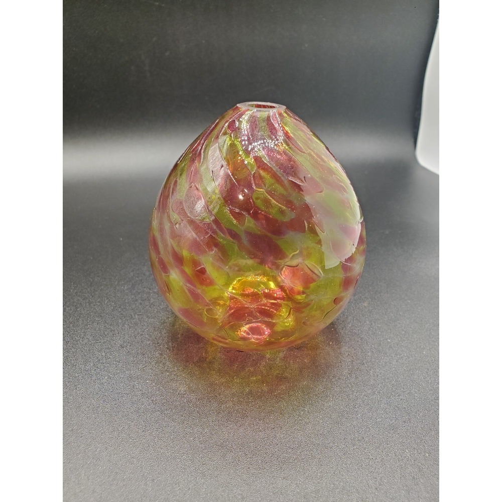 Handblown Art Glass Iridescent Round Oil Lamp Paperweight Vase Finger 4.25 x 3.5